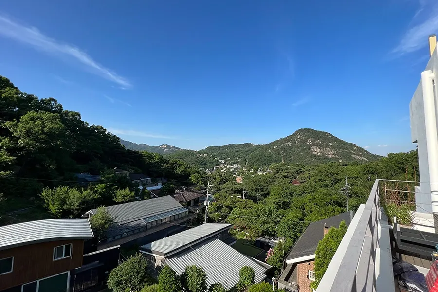 테라스에서 바라본 산 조망과 창문단열필름 시공 결과